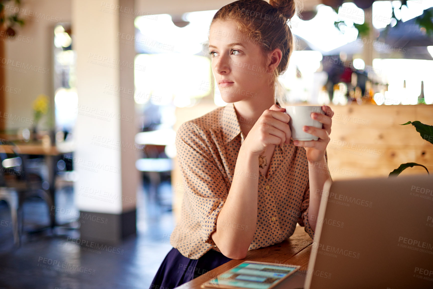 Buy stock photo Thinking, laptop and woman in cafe, ideas and break with creativity, wonder and latte. Person, freelancer and entrepreneur in coffee shop, pc and problem solving with herbal tea, choice and planning