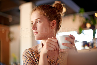 Buy stock photo Thinking, laptop and woman in coffee shop, ideas and break with creativity, wonder and solution. Person, freelancer and entrepreneur in cafe, computer and problem solving with herbal tea and latte