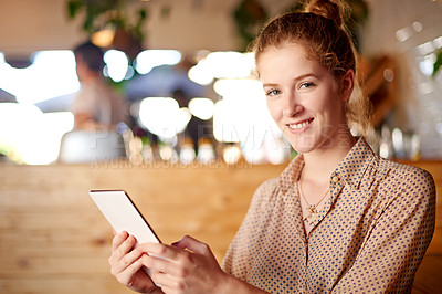 Buy stock photo Coffee shop, happy and portrait of woman on tablet in cafe for social networking, internet and research. Remote work, diner and person on digital tech for website, connection and email in restaurant