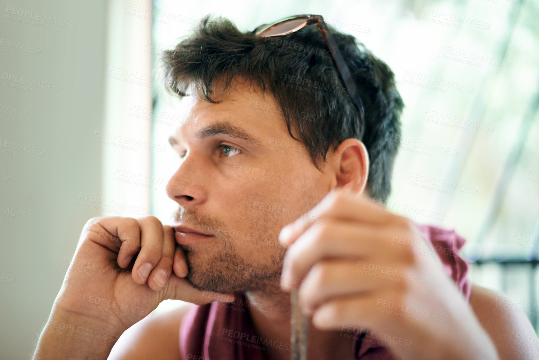 Buy stock photo Morning, thinking and man in home with ideas, choice or decision with calm mindset. Relax, weekend planning and male person in house with inspiration, reflection and nostalgic memory for day dreaming