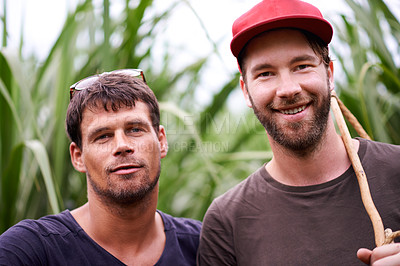 Buy stock photo Farm, smile or portrait of friends for relax, bonding or adventure in sugar cane plantation. People, teamwork or farmers in crops for support, countryside property or excited for sustainable business