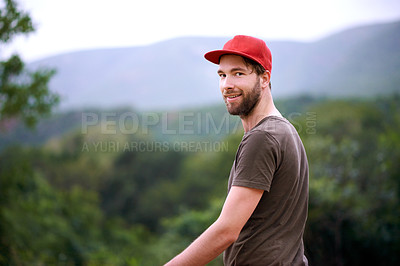 Buy stock photo Portrait, happy man and hiking in nature for adventure, travel and holiday trip in countryside. Face, trekking and person with cap in forest for tourism, vacation journey or exploration in Australia