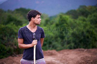 Buy stock photo Sustainable farming, thinking and man in field checking soil,  eco friendly growth and organic crops. Biodiversity, agriculture and agro farmer in countryside with plants, food production and nature