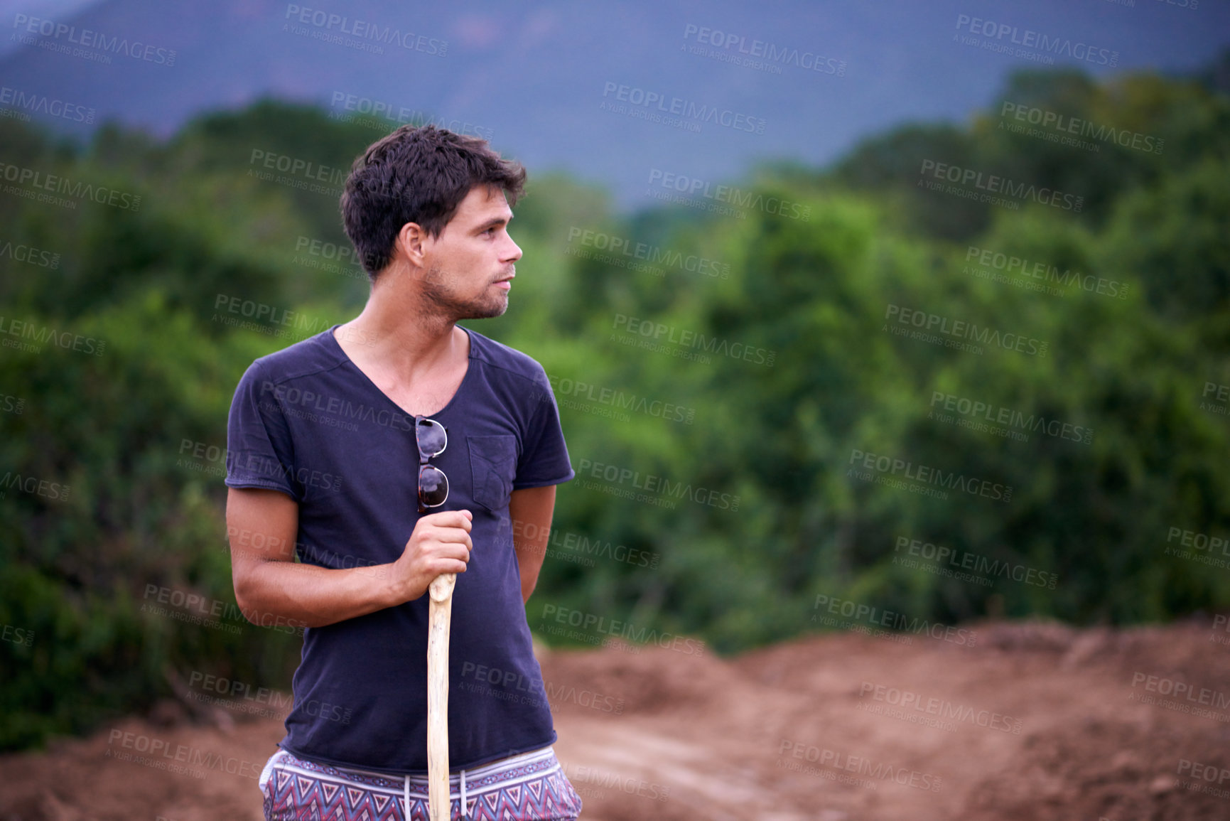 Buy stock photo Sustainable farming, thinking and man in field checking soil,  eco friendly growth and organic crops. Biodiversity, agriculture and agro farmer in countryside with plants, food production and nature