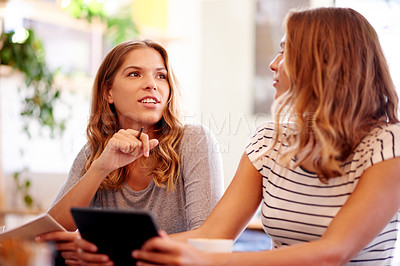 Buy stock photo Conversation, meeting and tablet with sisters in coffee shop together for partnership or small business management. Collaboration, planning and research with woman twins in cafe as store owners