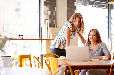 Buy stock photo Laptop, family business and research with women in cafe for partnership, customer reviews or startup. Teamwork, barista and hospitality industry with twin sisters in coffee shop for digital inventory
