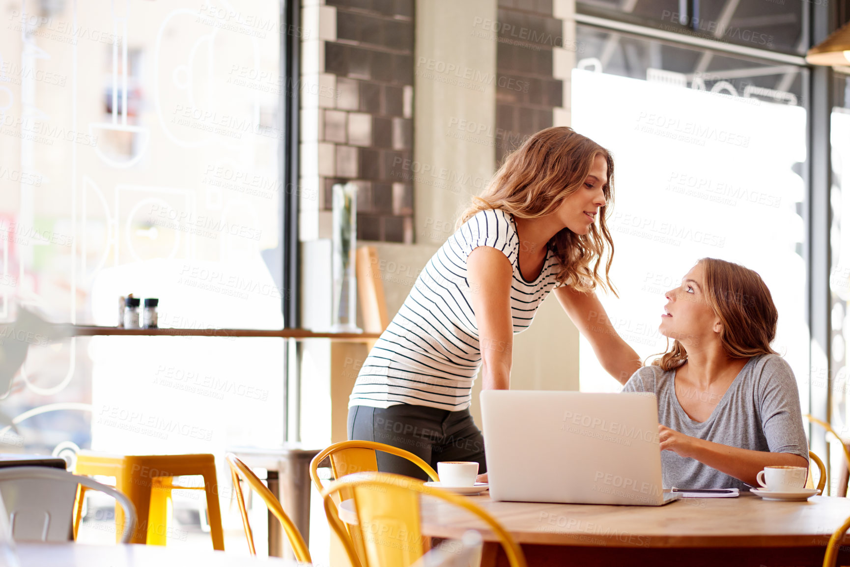 Buy stock photo Laptop, family business and teamwork with women in cafe for partnership, customer reviews or startup. Research, planning or hospitality industry with twin sisters in coffee shop for digital inventory