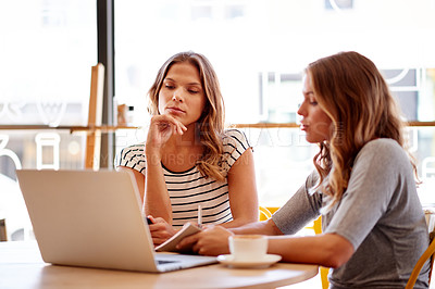 Buy stock photo Women, laptop and thinking in coffee shop for small business, research and budget planning. Twin sisters, entrepreneur team and computer in cafe for startup management, finance discussion and meeting