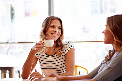 Buy stock photo Cafe, women and happy twin sisters talking, communication or gossip story to relax. Coffee shop, family and girls with morning drink, conversation or advice for bonding together at social meeting