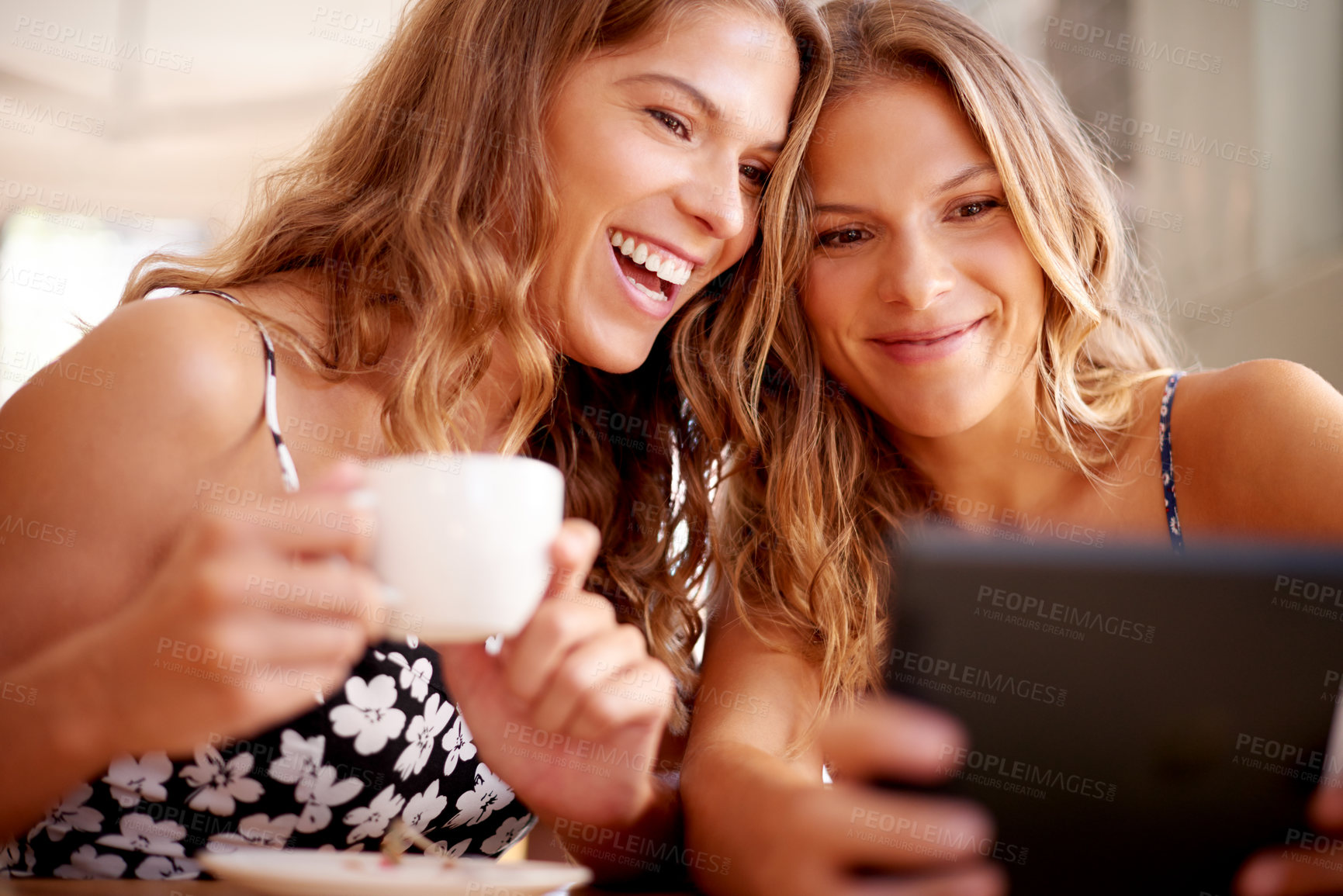 Buy stock photo Tablet, selfie and twins with coffee in cafe in city for memory, connection or social media. Sisters, digital technology and women with photography picture for blog post for vacation update online.
