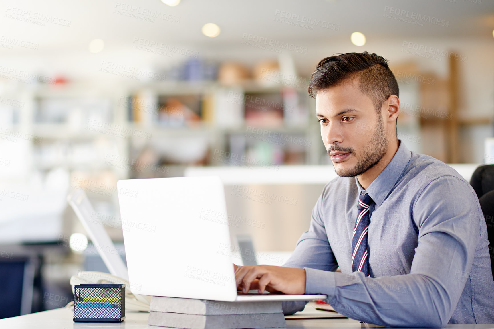 Buy stock photo Man, laptop and typing a budget in office, payroll administration and online for company salary. Workplace, expenses report and planning for business accounting, banking taxes and site for agenda