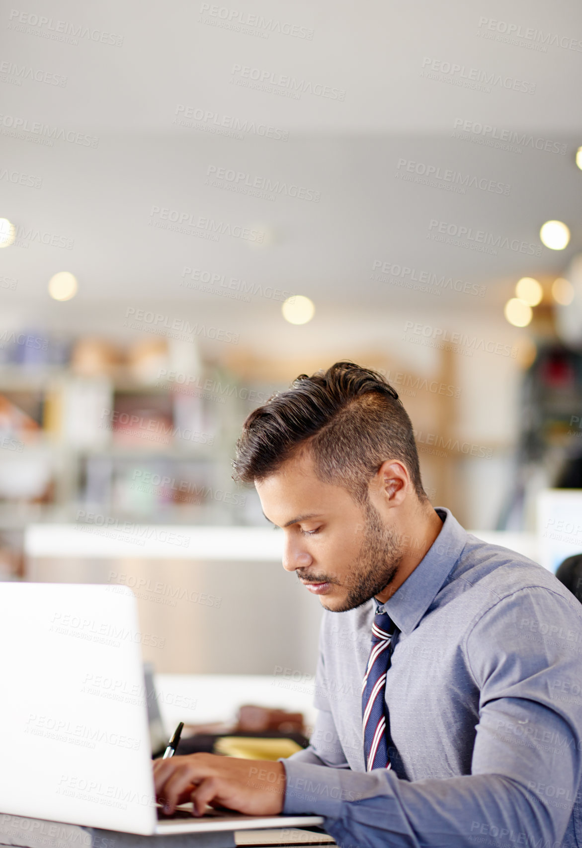 Buy stock photo Man, laptop and notes for budget in office, payroll administration and online for company salary. Workplace, expenses report and planning for business accounting, banking taxes and site for agenda