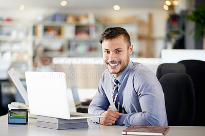 Buy stock photo Man, architect and smile with laptop at office, portrait and research for sustainable property development. Person, happy and pc for contact with supplier for eco friendly construction in Colombia