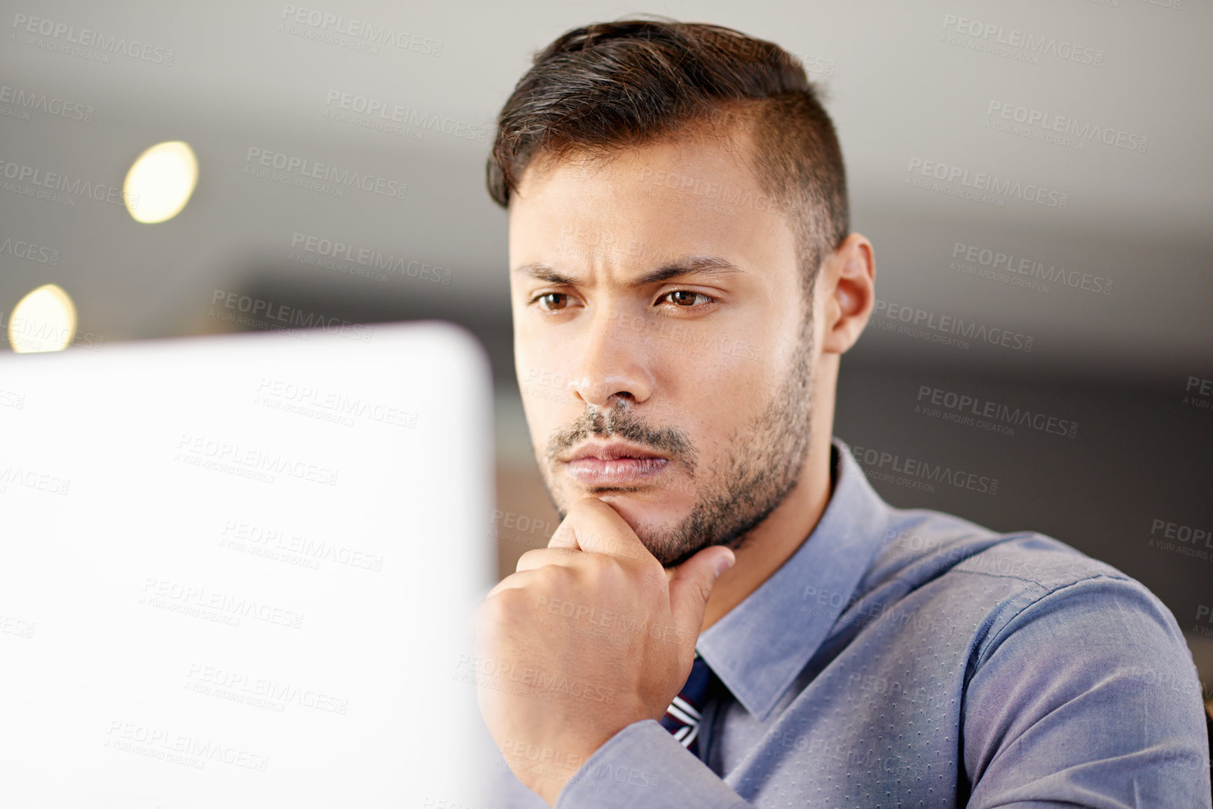 Buy stock photo Man, laptop and thinking on budget in office, payroll administration and online for company salary. Workplace, expenses report and planning for business accounting, banking taxes and ideas for agenda