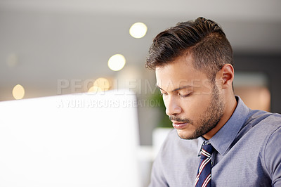 Buy stock photo Laptop, serious and business man in office for insurance policy, planning and broker review project. Computer, online and worker reading email for risk management, financial coverage or concentration