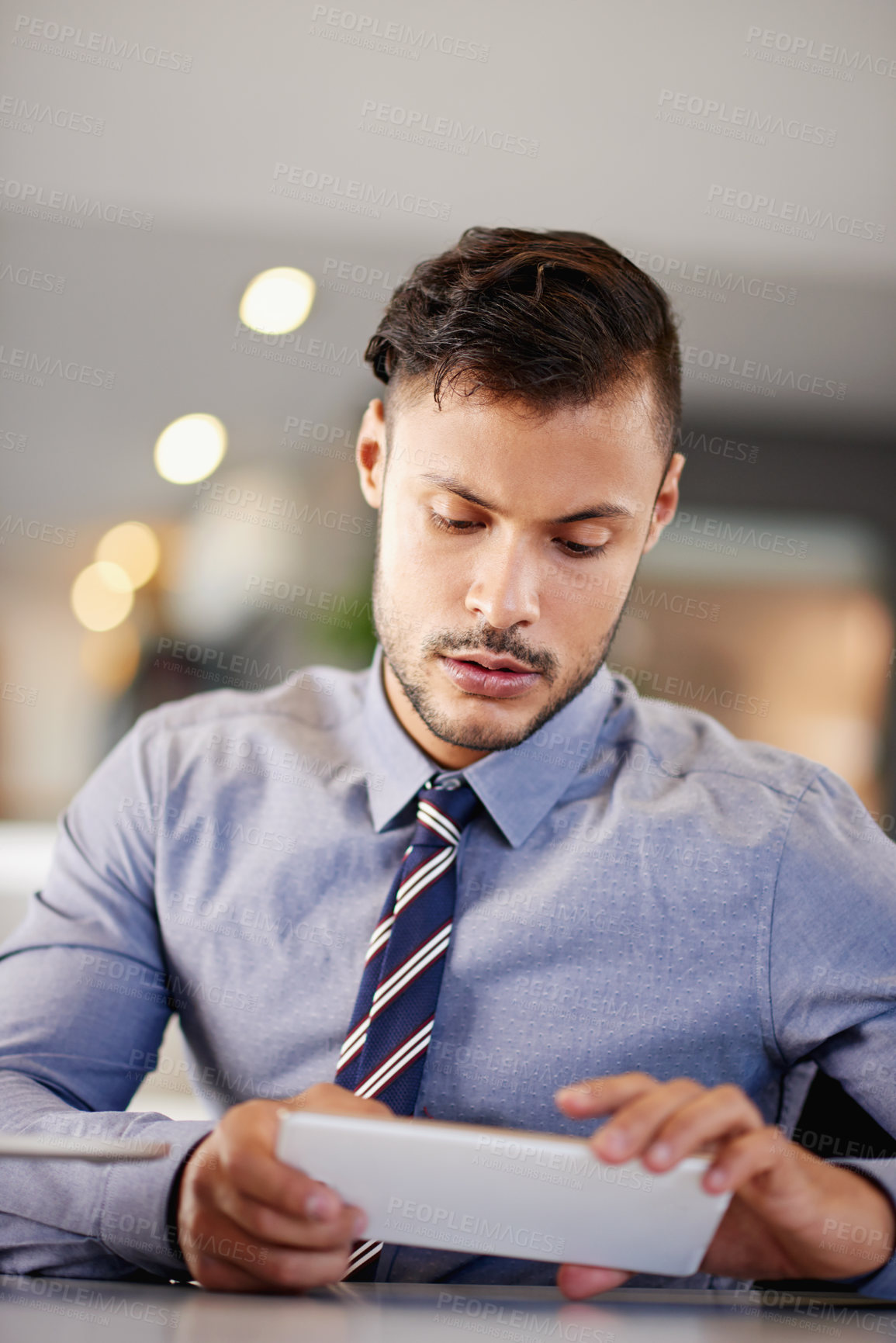 Buy stock photo Finance, problem solving and tablet with business man in office for account management or administration. Idea, planning and review with bank employee at work for financial audit of client income