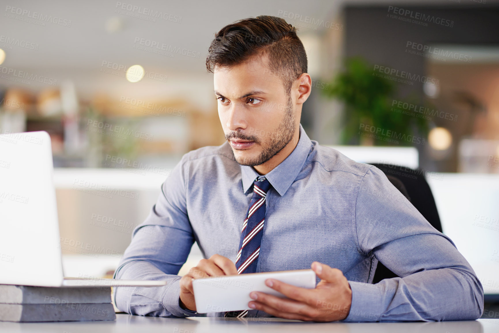 Buy stock photo Finance, laptop and tablet with business man in office for account management or administration. Planning, problem solving and review with bank employee at work for financial audit of client income