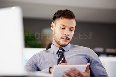 Buy stock photo Finance, review and tablet with business man in office for account management or administration. App, planning and research with bank employee in workplace for financial audit of client income