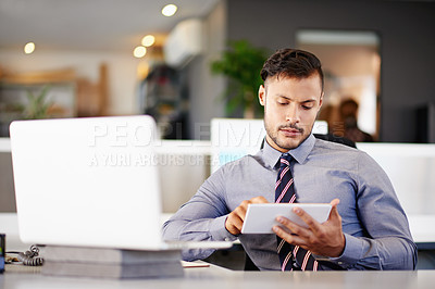 Buy stock photo Laptop, problem solving and tablet with business man in office for account management or administration. Computer, planning and research with employee in bank for financial audit of client income