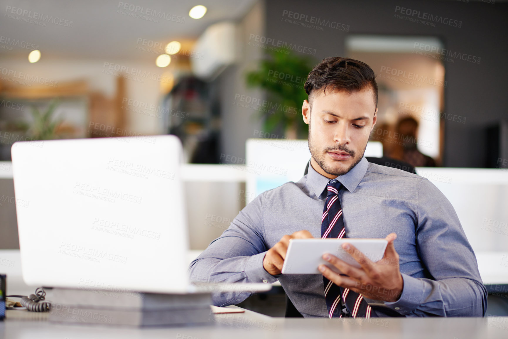 Buy stock photo Laptop, problem solving and tablet with business man in office for account management or administration. Computer, planning and research with employee in bank for financial audit of client income