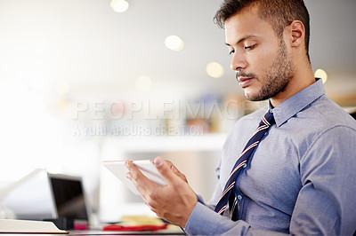 Buy stock photo Finance, planning and tablet with business man in office for account management or administration. Agenda, information and review bank employee in workplace for financial audit of client income