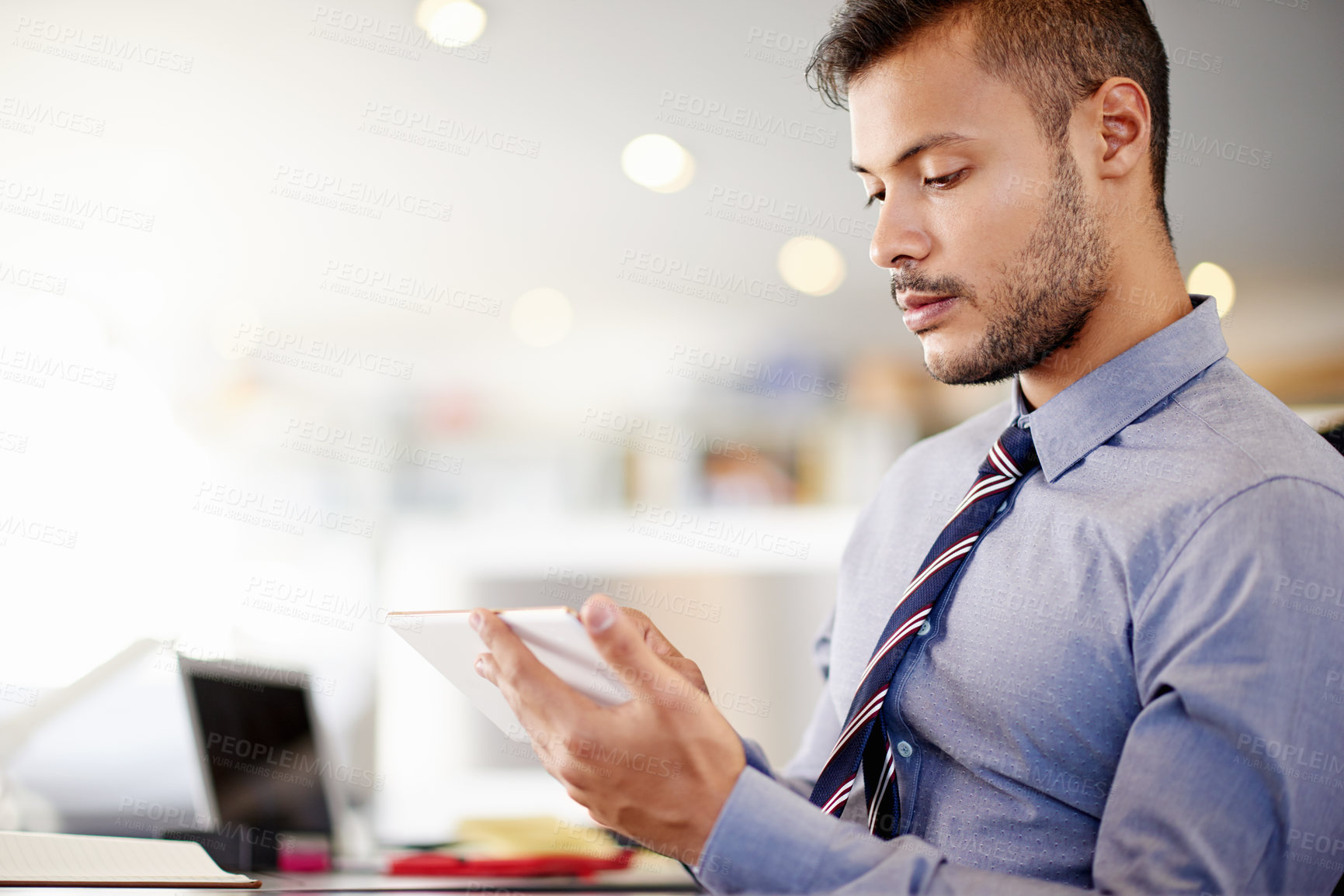 Buy stock photo Finance, planning and tablet with business man in office for account management or administration. Agenda, information and review bank employee in workplace for financial audit of client income