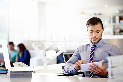 Buy stock photo Bank, planning and tablet with business man in office for account management or administration. App, information and review with employee in corporate workplace for financial audit of client income