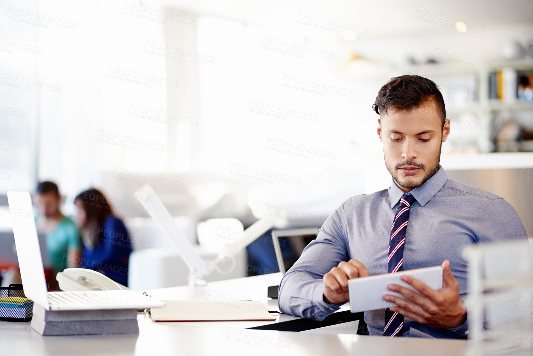 Buy stock photo Bank, planning and tablet with business man in office for account management or administration. App, information and review with employee in corporate workplace for financial audit of client income