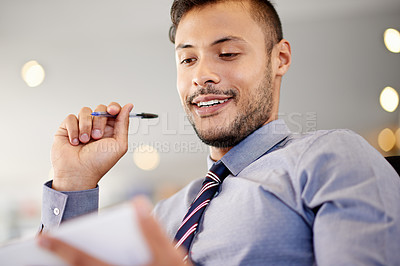 Buy stock photo Finance, tablet and smile with business man in office for account management or administration. Idea, planning and vision with happy bank employee in workplace for financial audit of client income