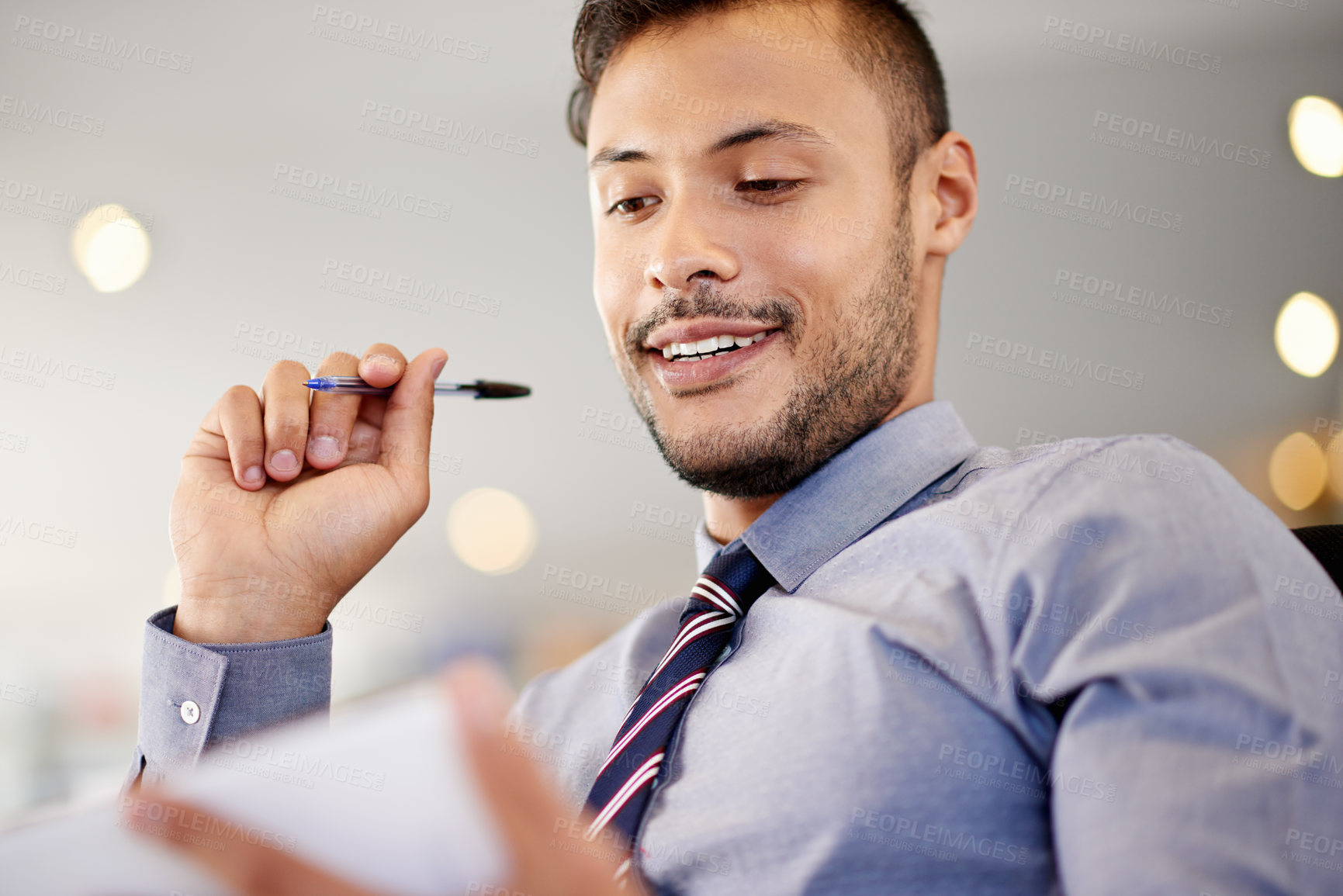 Buy stock photo Finance, tablet and smile with business man in office for account management or administration. Idea, planning and vision with happy bank employee in workplace for financial audit of client income