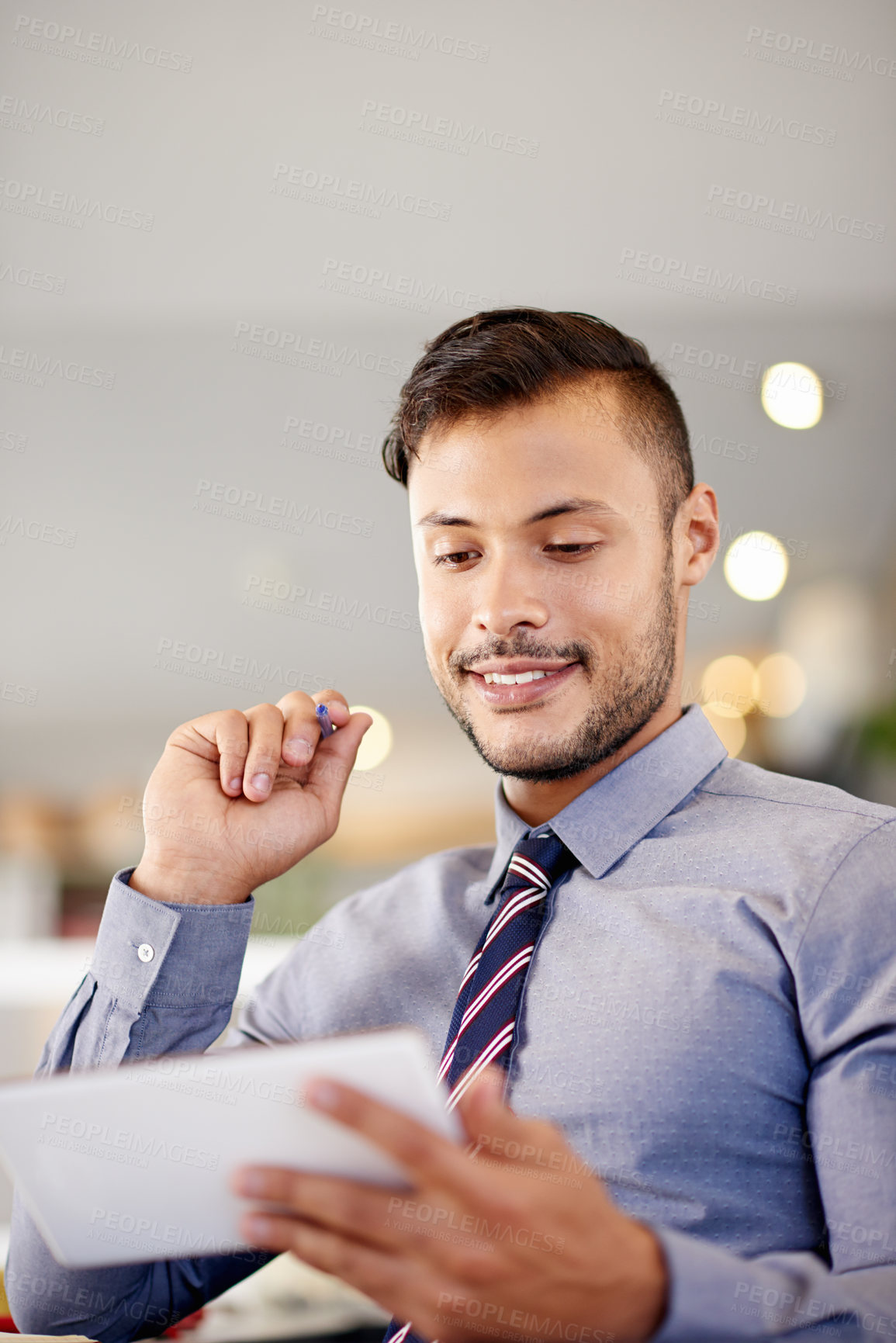 Buy stock photo Finance, happy and tablet with business man in office for account management or administration. Planning, smile and vision with bank employee in workplace for financial audit of client income