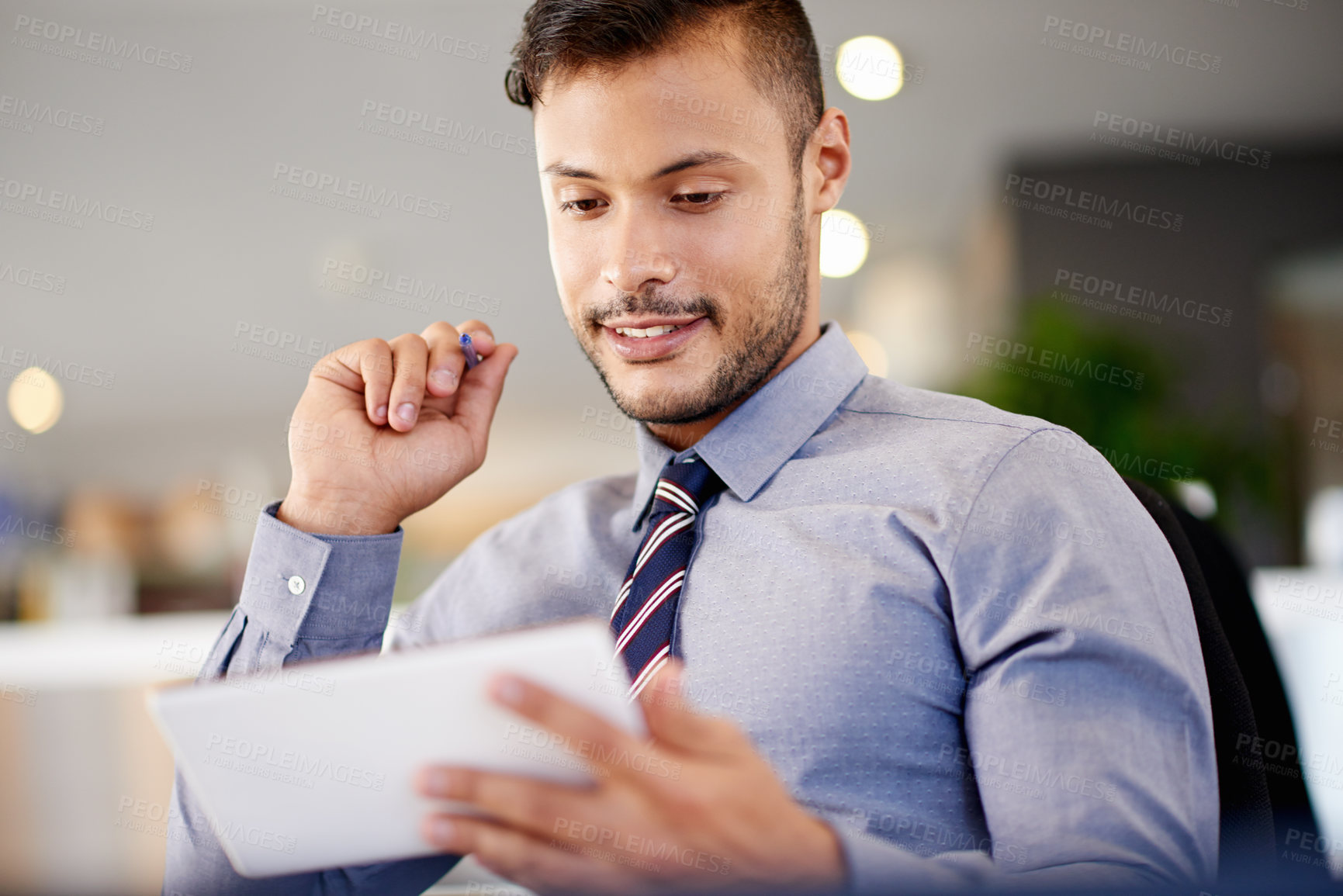 Buy stock photo Finance, tablet and review with business man in office for account management or administration. Pen, planning and vision with happy bank employee in workplace for financial audit of client income