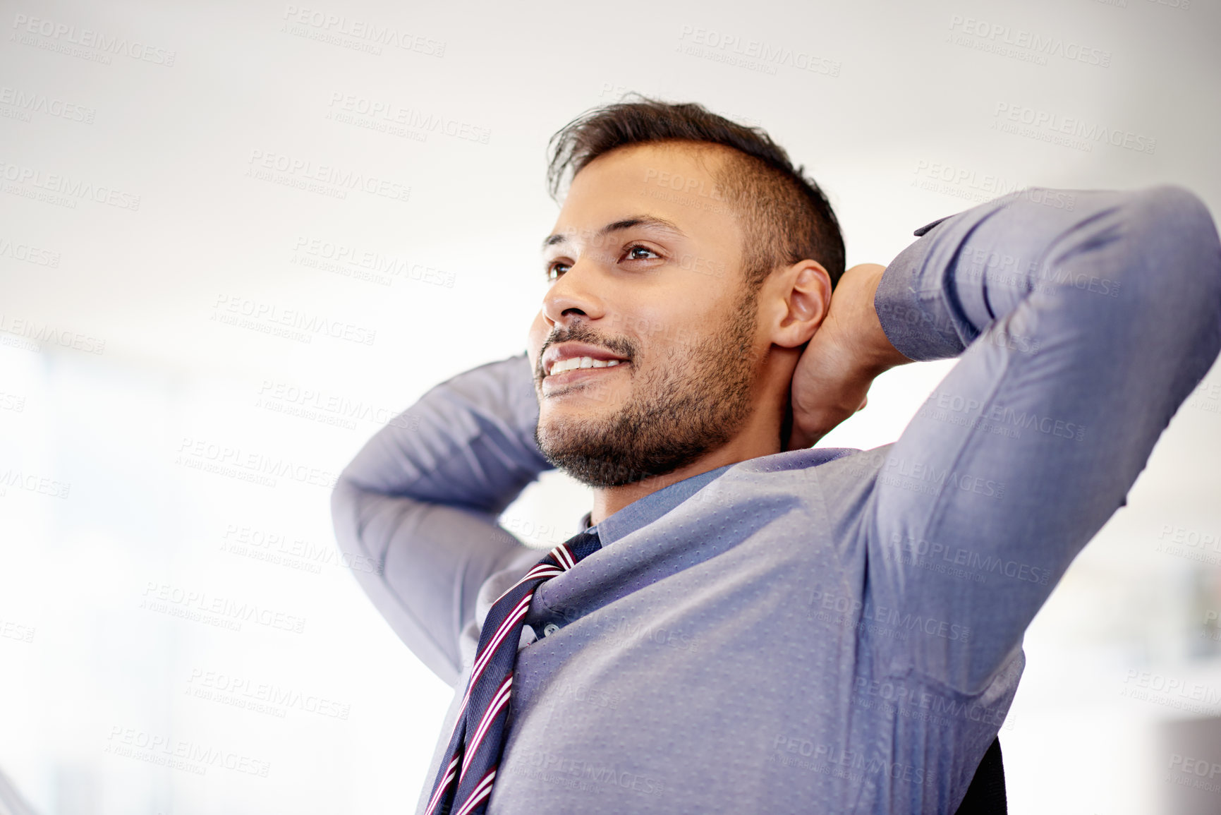 Buy stock photo Happy, businessman and relax with completion for break, rest or done with tasks at office. Man, employee or finished with smile in joy for productivity, stress relief or stretching at workplace