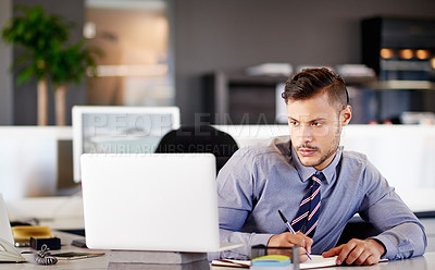 Buy stock photo Man, laptop and writing notes for budget in office, payroll administration and online for company salary. Workplace, expenses report and plan for business accounting, banking and schedule reminder