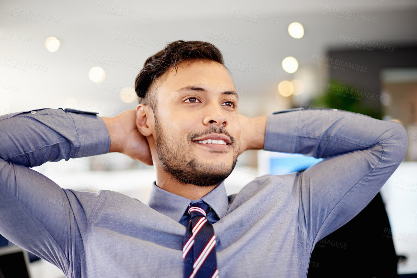 Buy stock photo Rest, happy and businessman in office with finished financial report with company revenue. Relax, achievement and male finance advisor with hands behind head for completed investment in workplace.