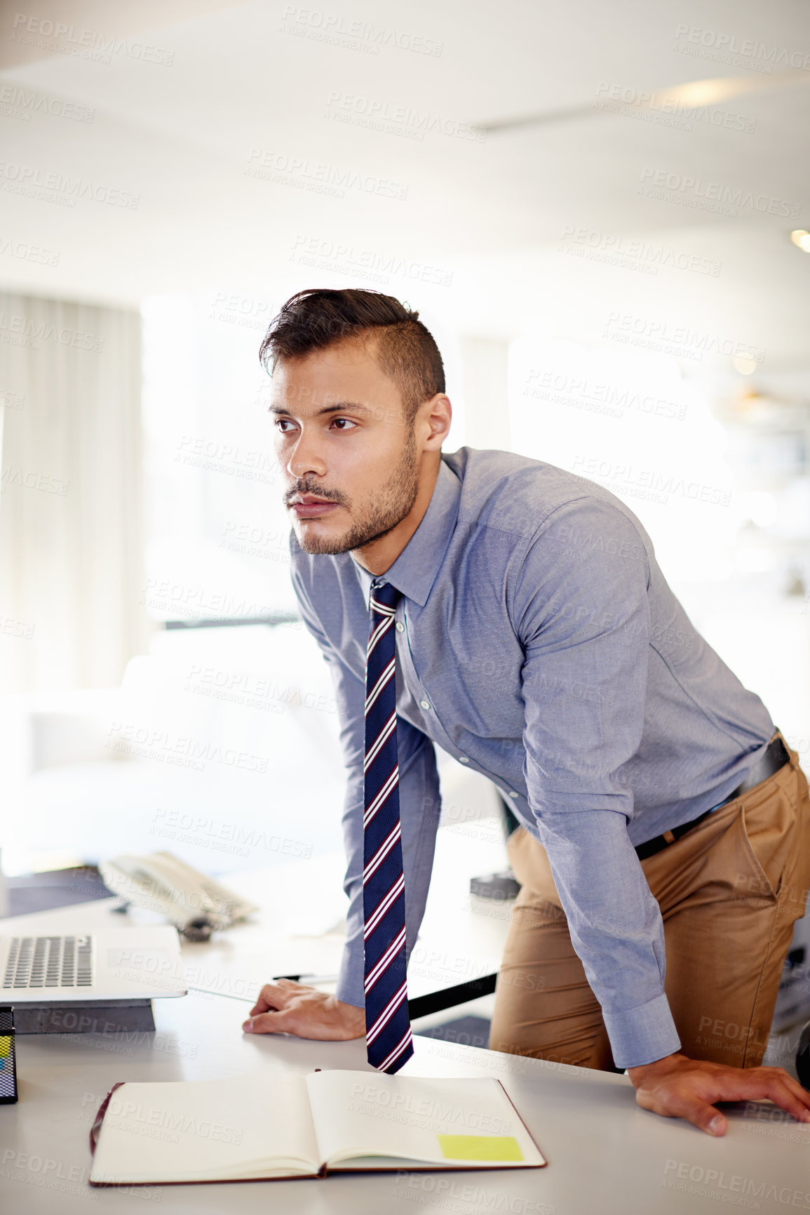 Buy stock photo Thinking, notebook and idea with business man in office for event designer schedule, client notes or budget. Gala agenda list, venue research and project management with person in agency for planning