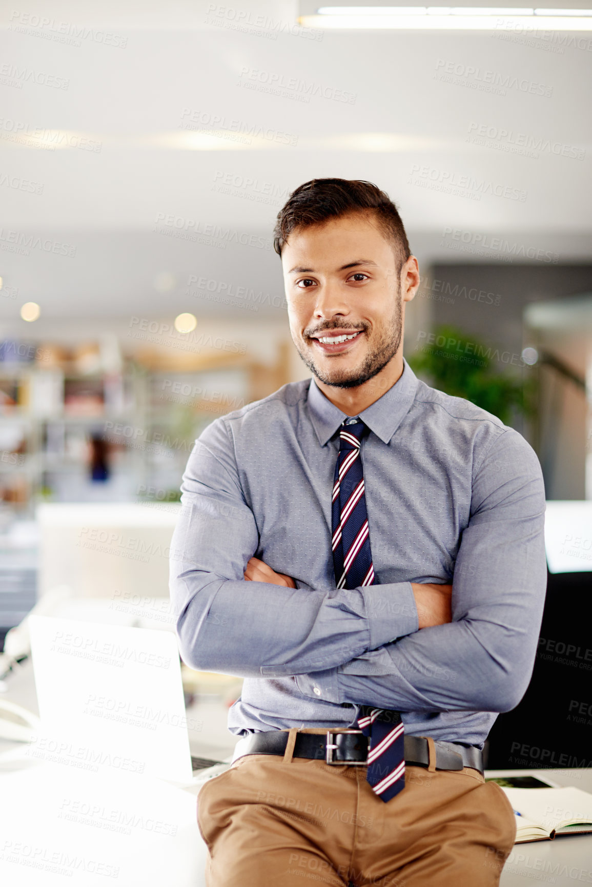 Buy stock photo Man, arms crossed and employee in office, finance career and proud accountant worker. Workplace, confident agent and ambition in business portrait with stock exchange trading and project expert