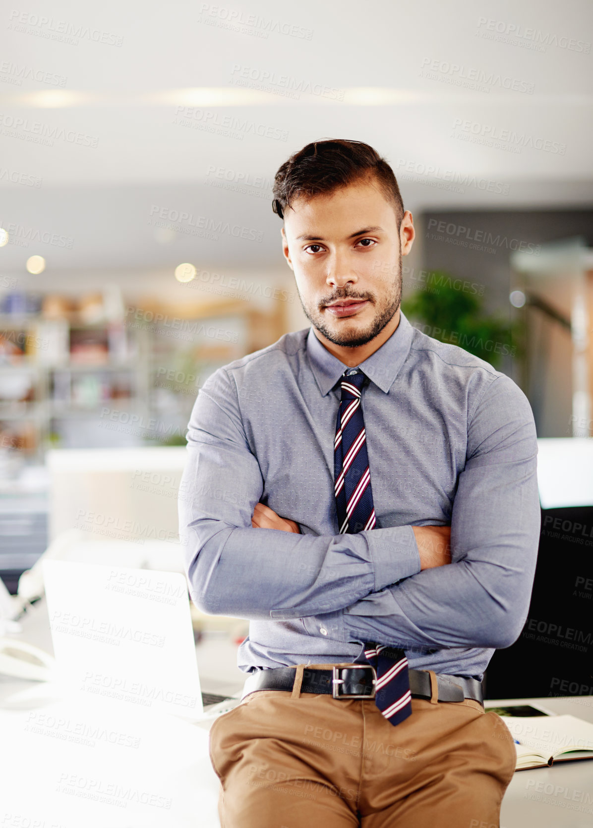 Buy stock photo Man, arms crossed and professional in office, trading consultant and proud accountant worker. Workplace, confident employee and ambition in business portrait, stock exchange agent and project expert