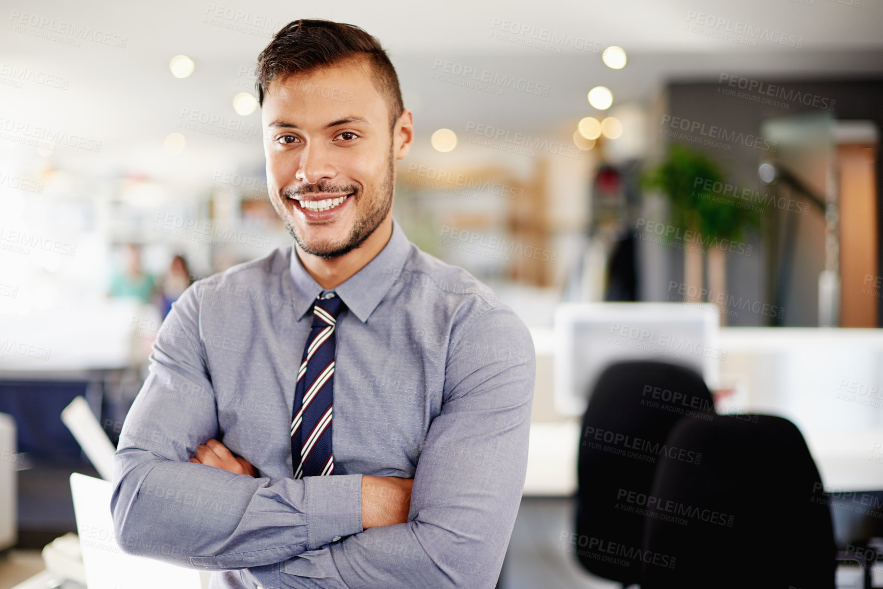 Buy stock photo Man, arms crossed and worker in office, finance consultant and proud accountant professional. Workplace, confident employee and ambition in business portrait, stock exchange trader and project expert