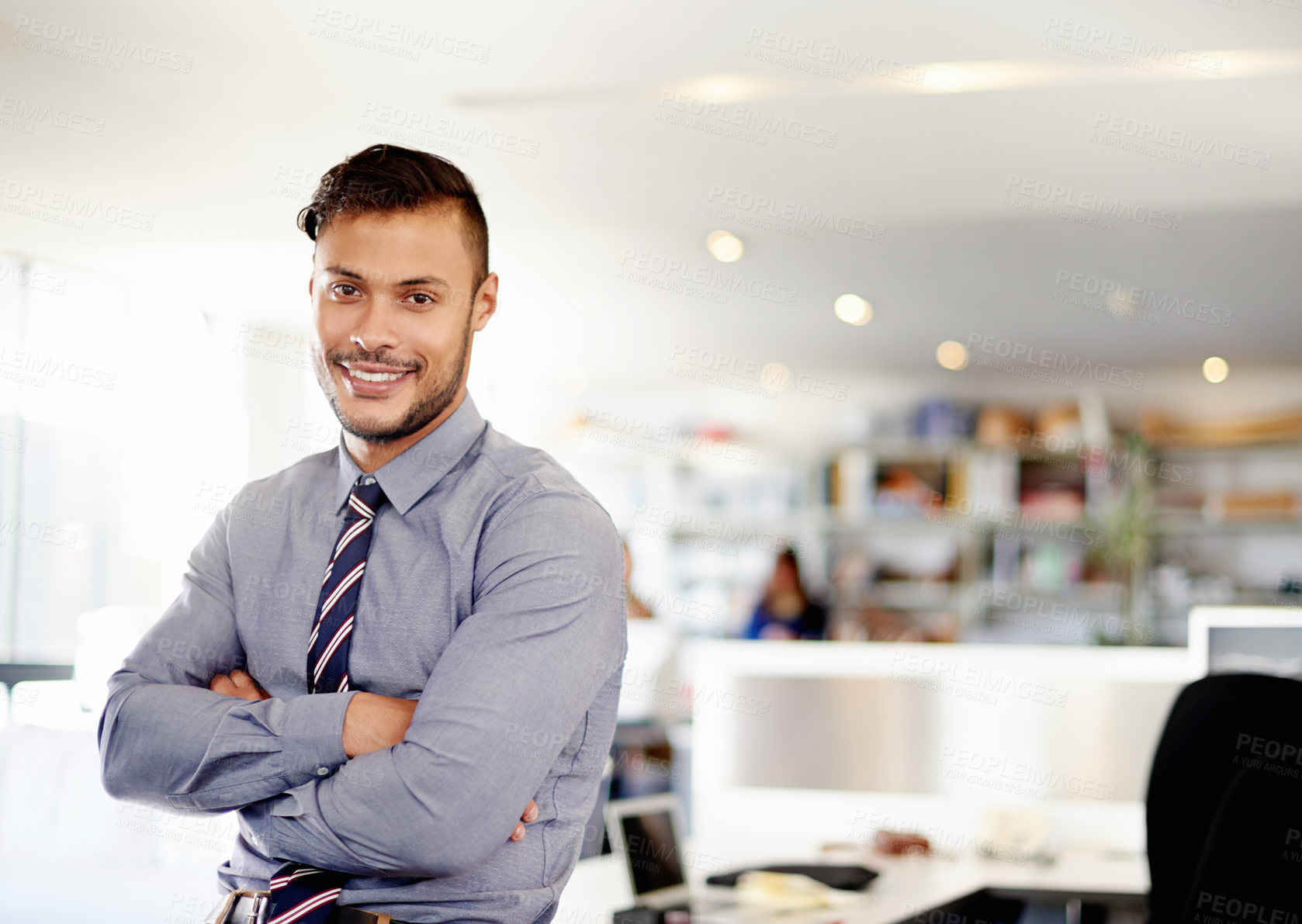 Buy stock photo Man, arms crossed and employee in office, finance consultant and proud accountant worker. Workplace, confident person and ambition in business portrait, stock exchange trader and project expert