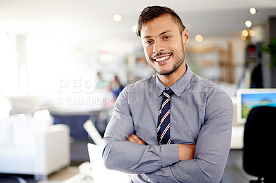 Buy stock photo Man, arms crossed and smile in office, finance consultant and proud accountant professional. Workplace, confident employee and ambition in business portrait, stock exchange trader and project expert