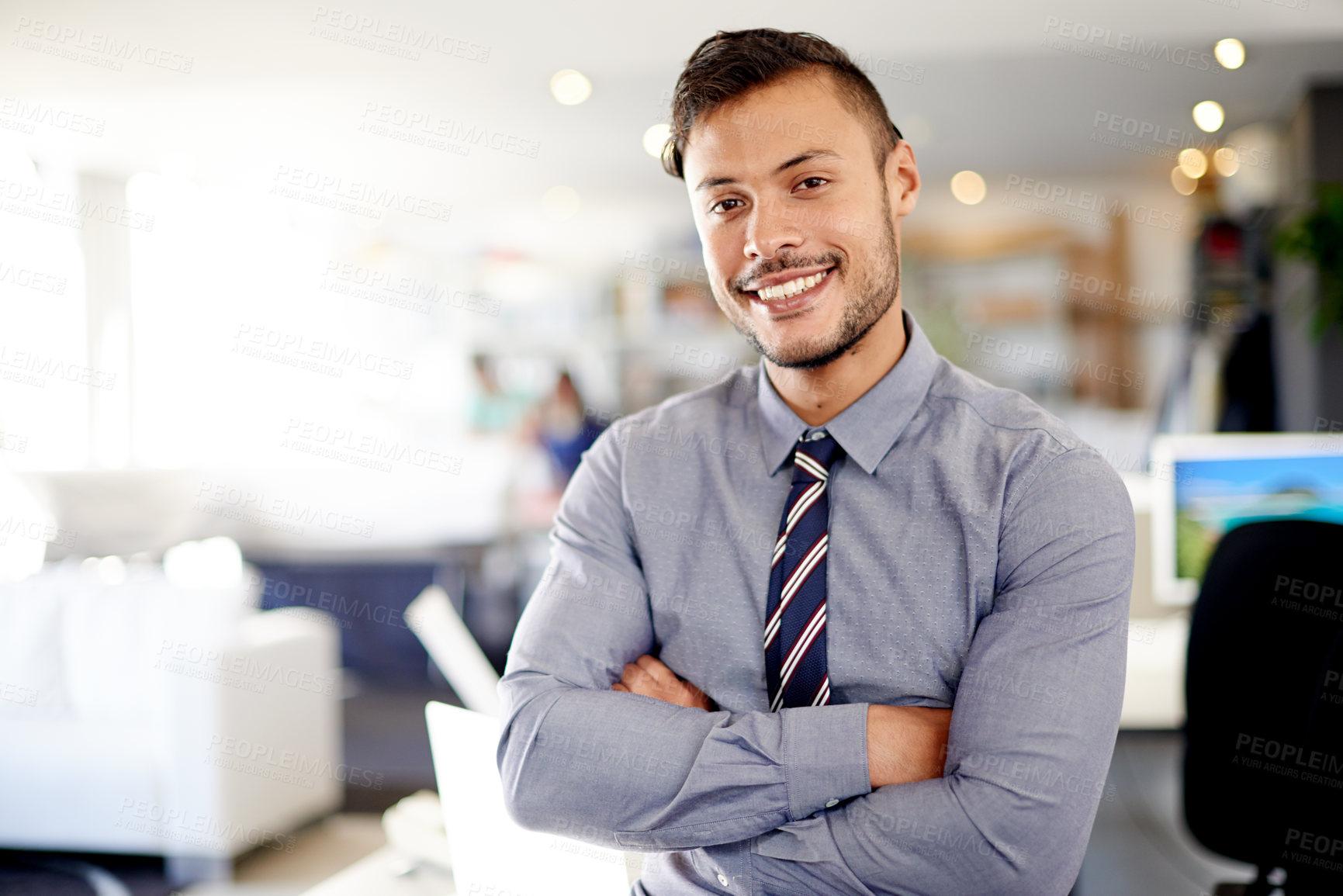 Buy stock photo Man, arms crossed and smile in office, finance consultant and proud accountant professional. Workplace, confident employee and ambition in business portrait, stock exchange trader and project expert