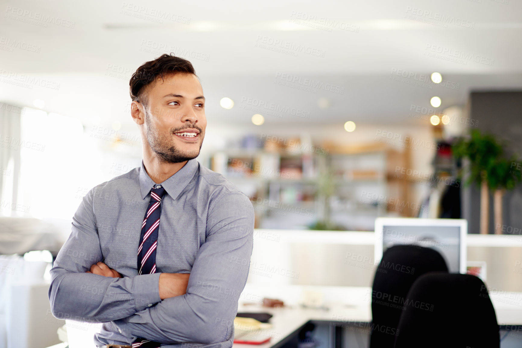 Buy stock photo Business, thinking and man in office, arms crossed and confidence with accountant. Happy person, planning and employee in workplace, pride and decision with choice, problem solving or solution