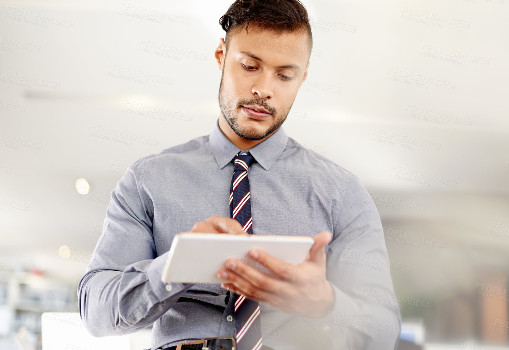 Buy stock photo Business, finance and man in office, tablet and typing with email, connection and internet. Person, accounting or employee in workplace, technology or digital app for taxes report or inflation review