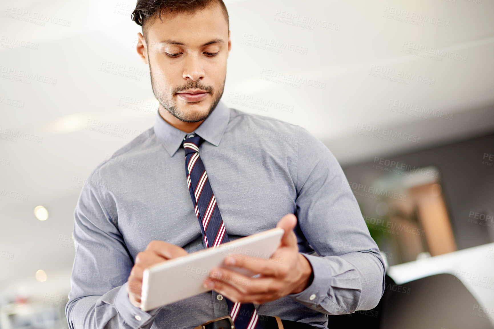 Buy stock photo Business, internet and man in workplace, tablet and email for investment stats, network and research for trading. Person, accounting or employee in office, tech and digital app for income analysis