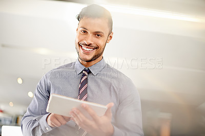 Buy stock photo Portrait, smile and tablet with business man in office for account management or administration. Finance, internet and review with bank employee in workplace for financial audit of client income