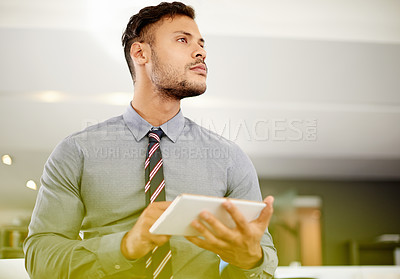 Buy stock photo Finance, tablet and thinking with business man in office for account management or administration. Idea, planning and vision with bank employee in workplace for financial audit of client income