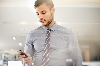 Buy stock photo Phone, finance and business man in office to check email, stock price and broker trading for investment returns. Mobile, serious worker and reading message on chat app, profit growth or scroll online