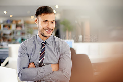 Buy stock photo Man, arms crossed and professional in office, finance consultant and proud accountant worker. Workplace, confident employee and ambition in business portrait, stock exchange trader and project expert