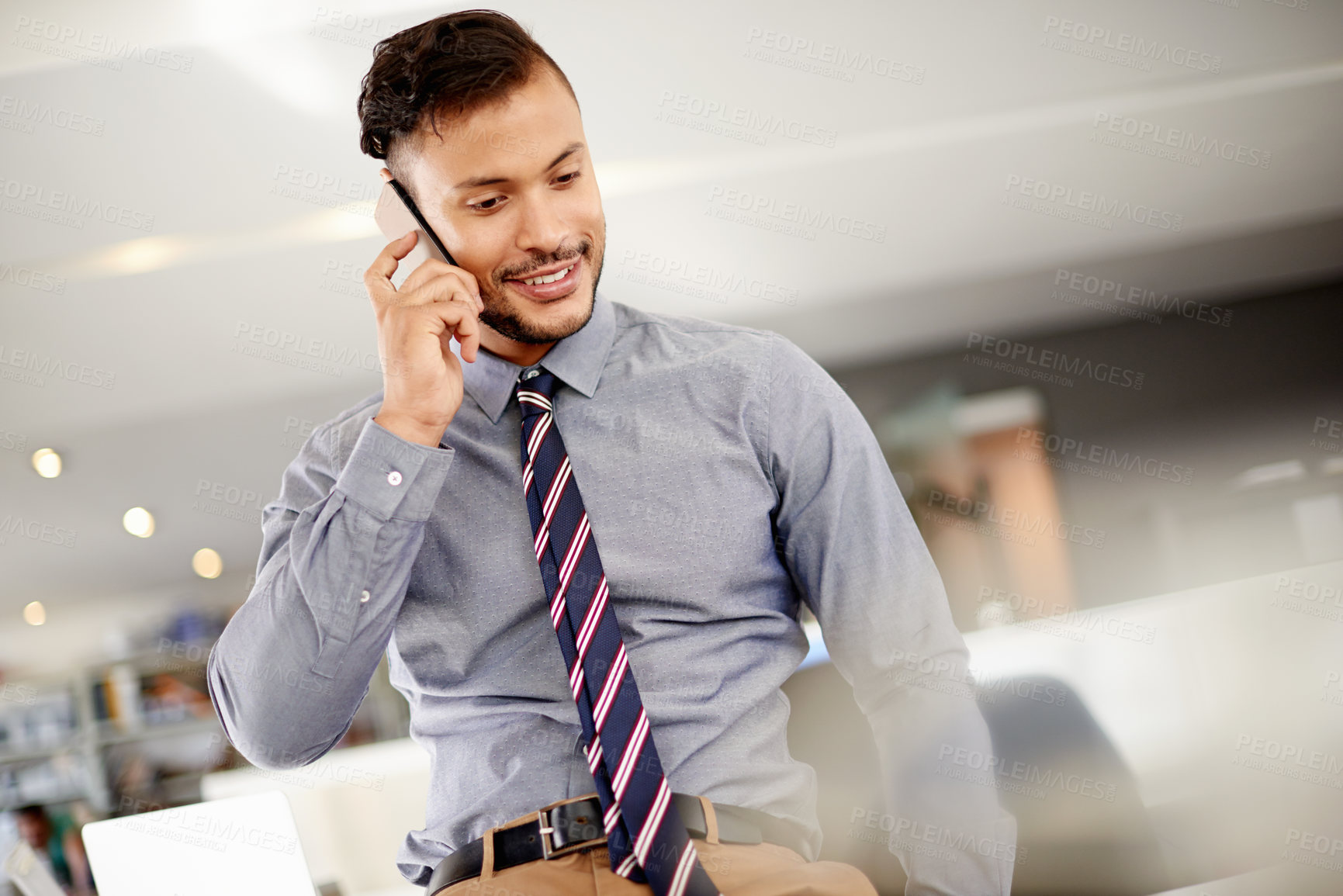 Buy stock photo Phone call, talking and happy business man with investment deal, negotiation and offer. Mobile, communication and conversation with client for finance, profit growth and stock market broker in office